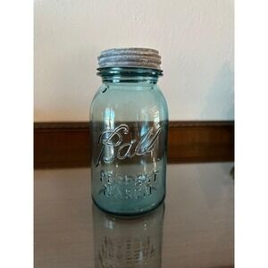 Vintage Ball Perfect Mason Blue Quart Jar 1923-1933 Zinc Lid Air Bubbles #10